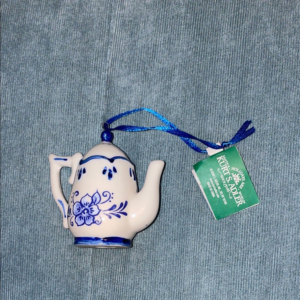 Kurt S. Adler Delft Blue and White Porcelain Teapot Holiday Ornament NWT